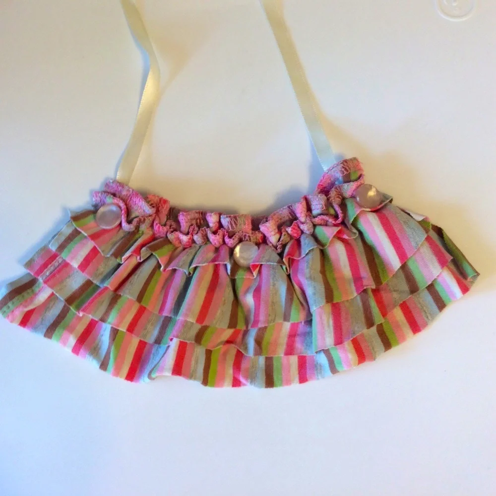 Handmade ruffle fabric necklace multicolored striped & vintage pearlized buttons